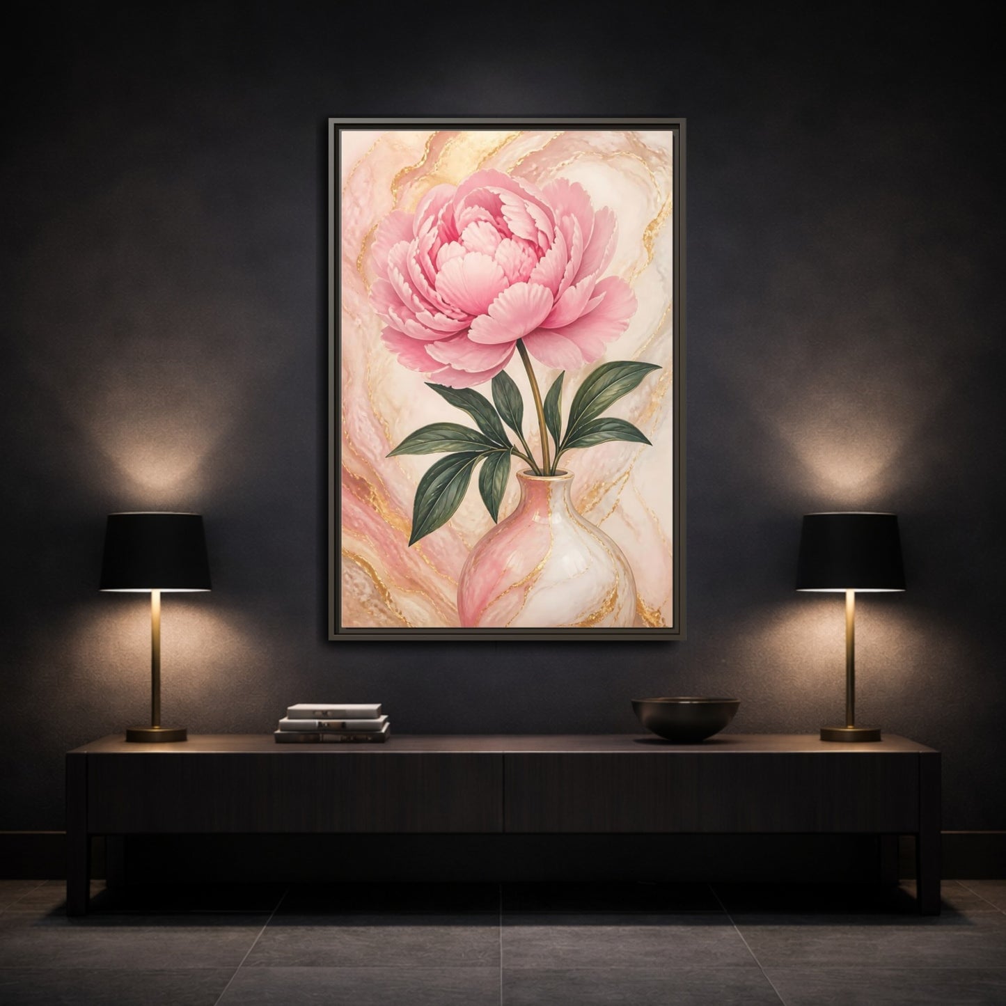 Mockup 3. Blushing Peony In Vase shown as framed canvas print