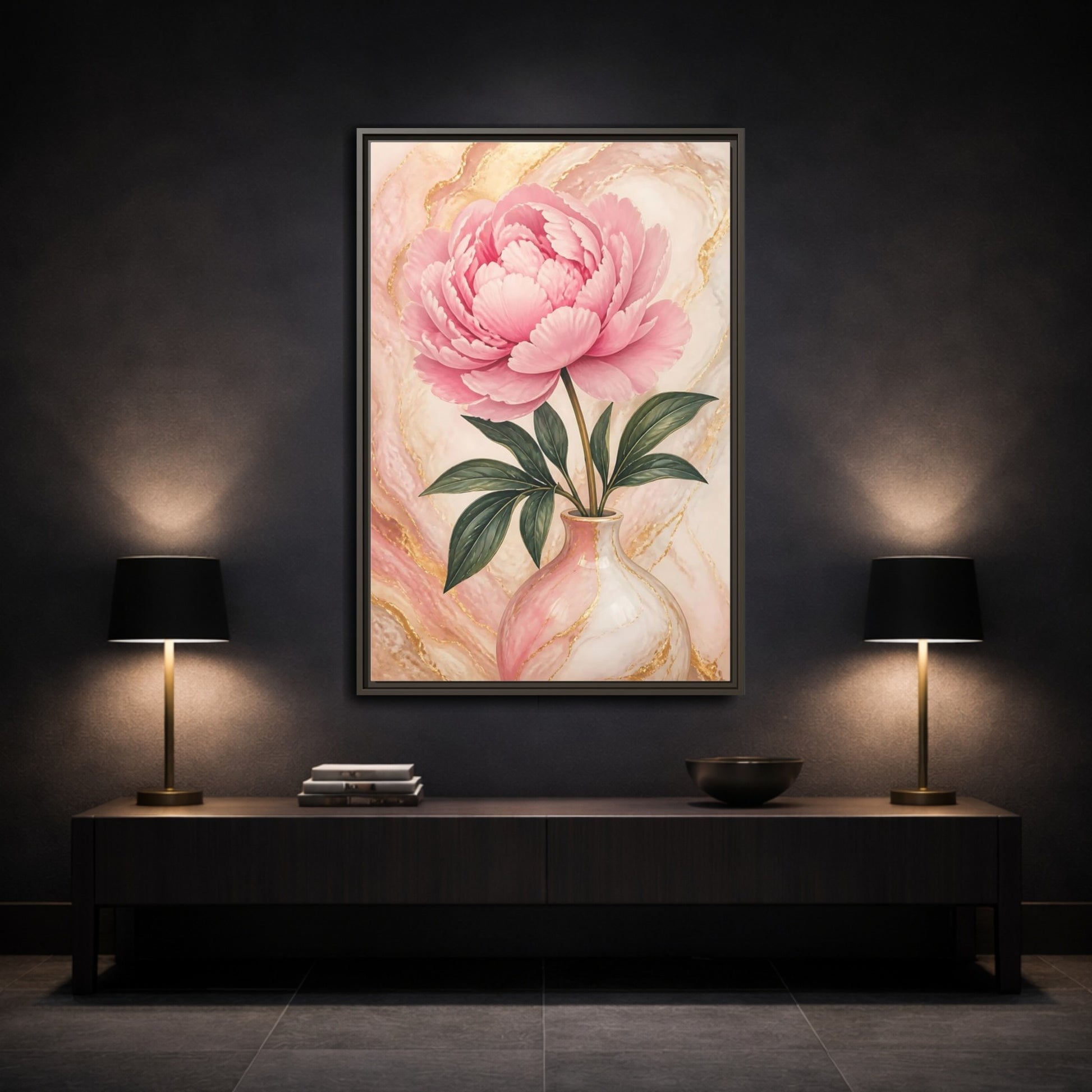 Mockup 3. Blushing Peony In Vase shown as framed canvas print