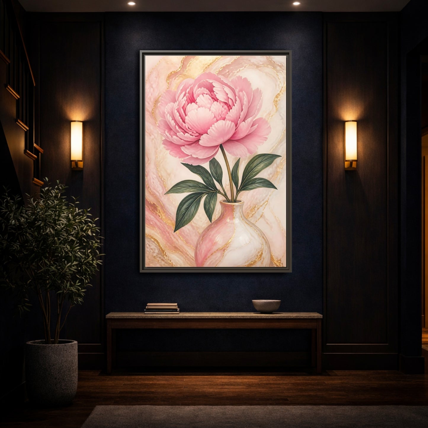 Mockup 4. Blushing Peony In Vase shown as framed canvas print