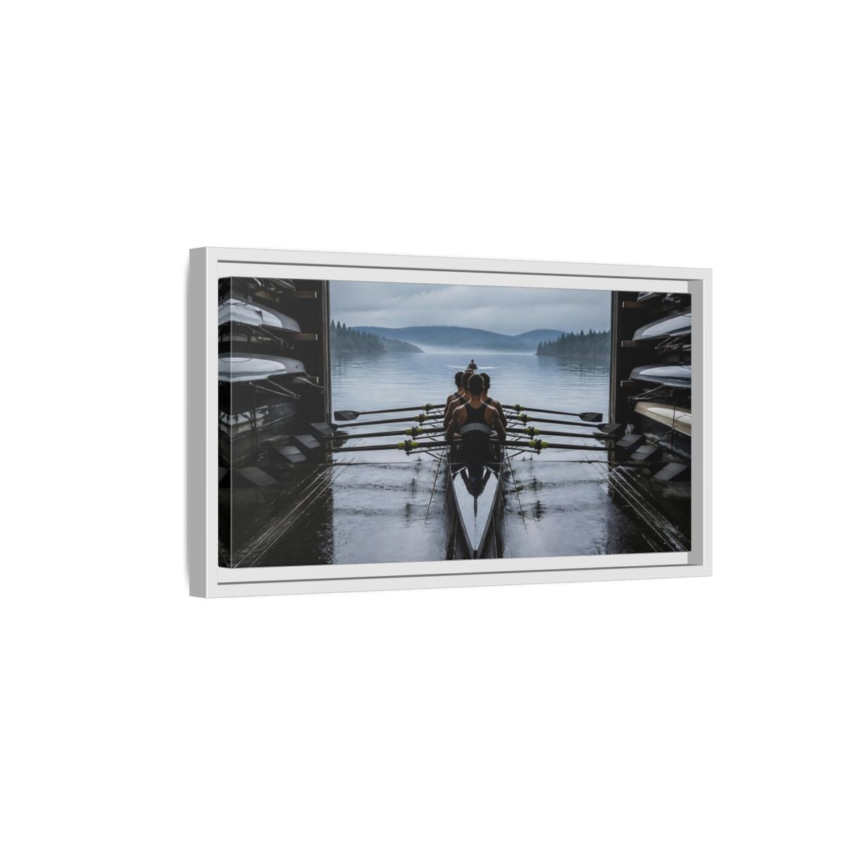 Side Mockup 6. Boathouse Rowing Crew shown as framed canvas print