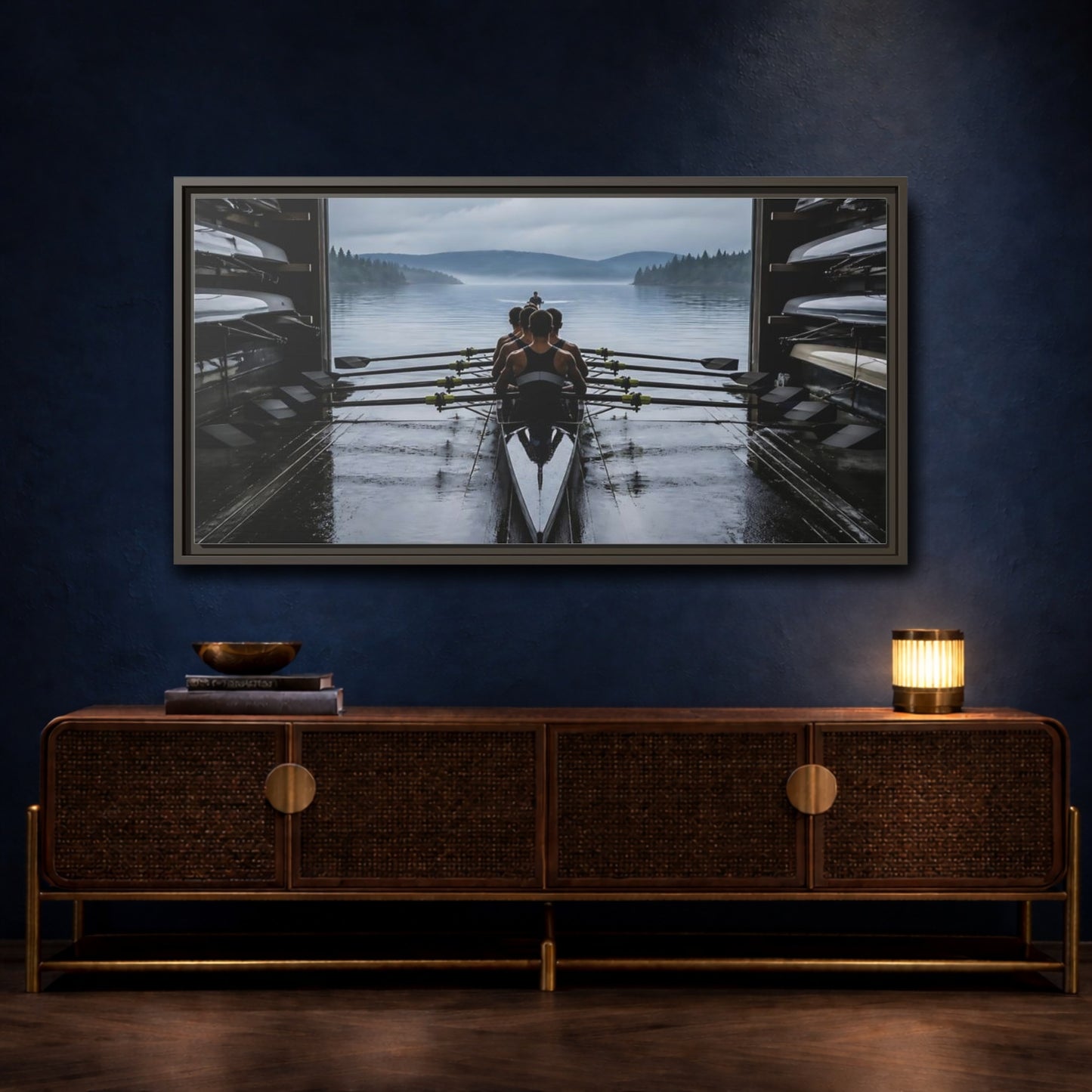 Mockup 4. Boathouse Rowing Crew shown as framed canvas print