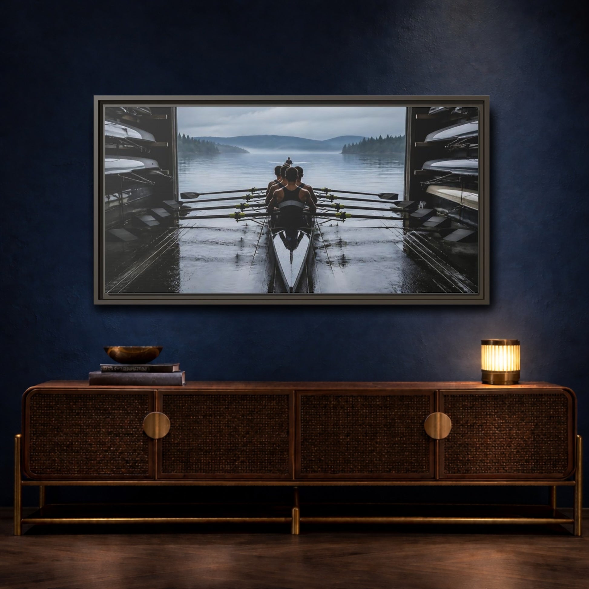 Mockup 4. Boathouse Rowing Crew shown as framed canvas print
