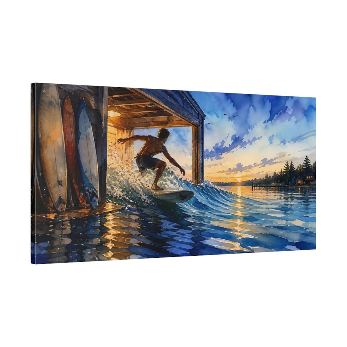 Main Mockup. Boathouse Sunset Surfer shown as canvas print