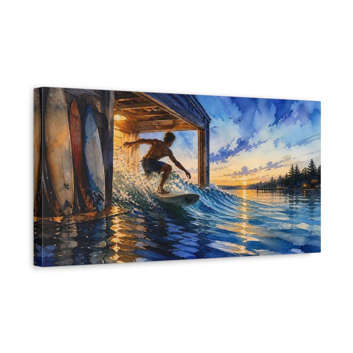 Side Mockup 3. Boathouse Sunset Surfer shown as canvas print