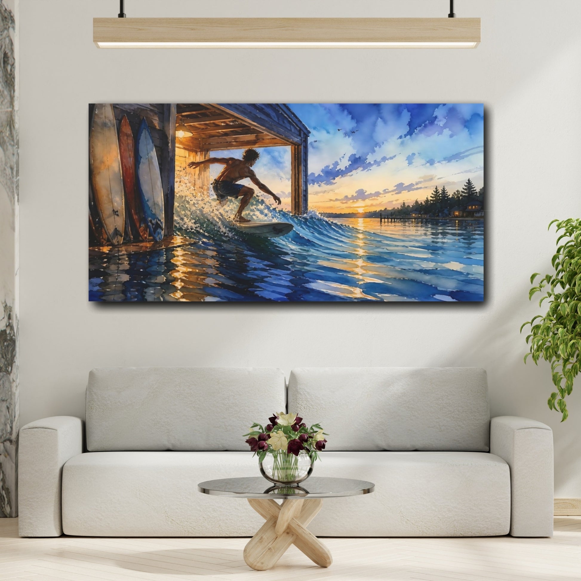 Mockup 2. Boathouse Sunset Surfer shown as canvas print