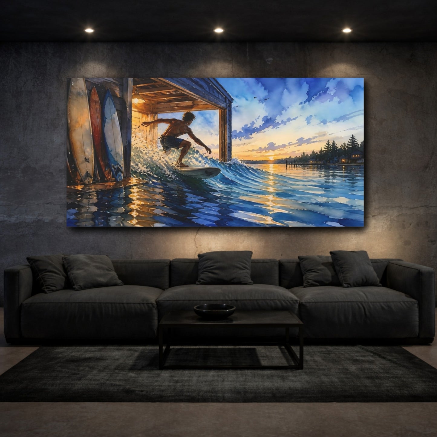 Mockup 3. Boathouse Sunset Surfer shown as canvas print