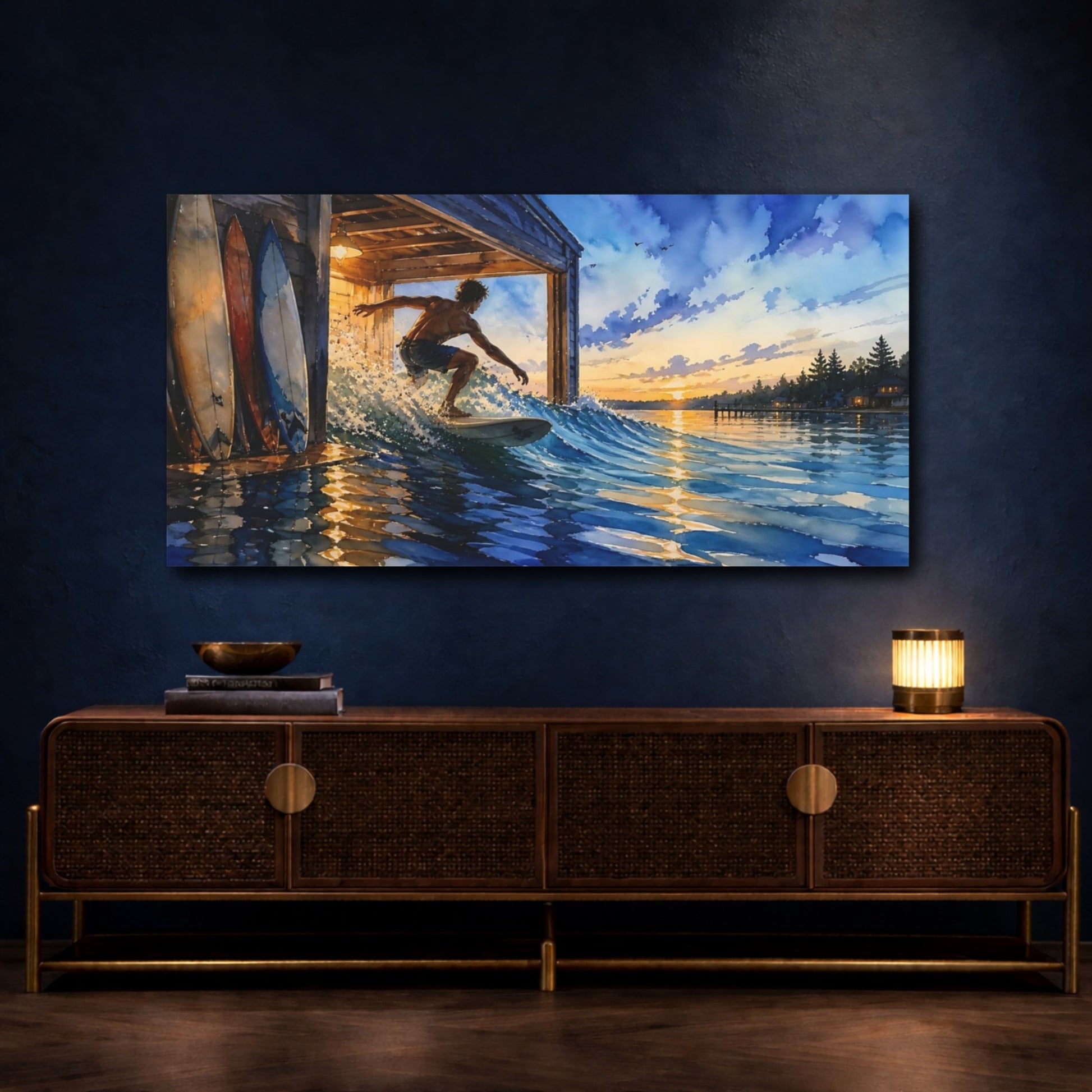 Mockup 4. Boathouse Sunset Surfer shown as canvas print