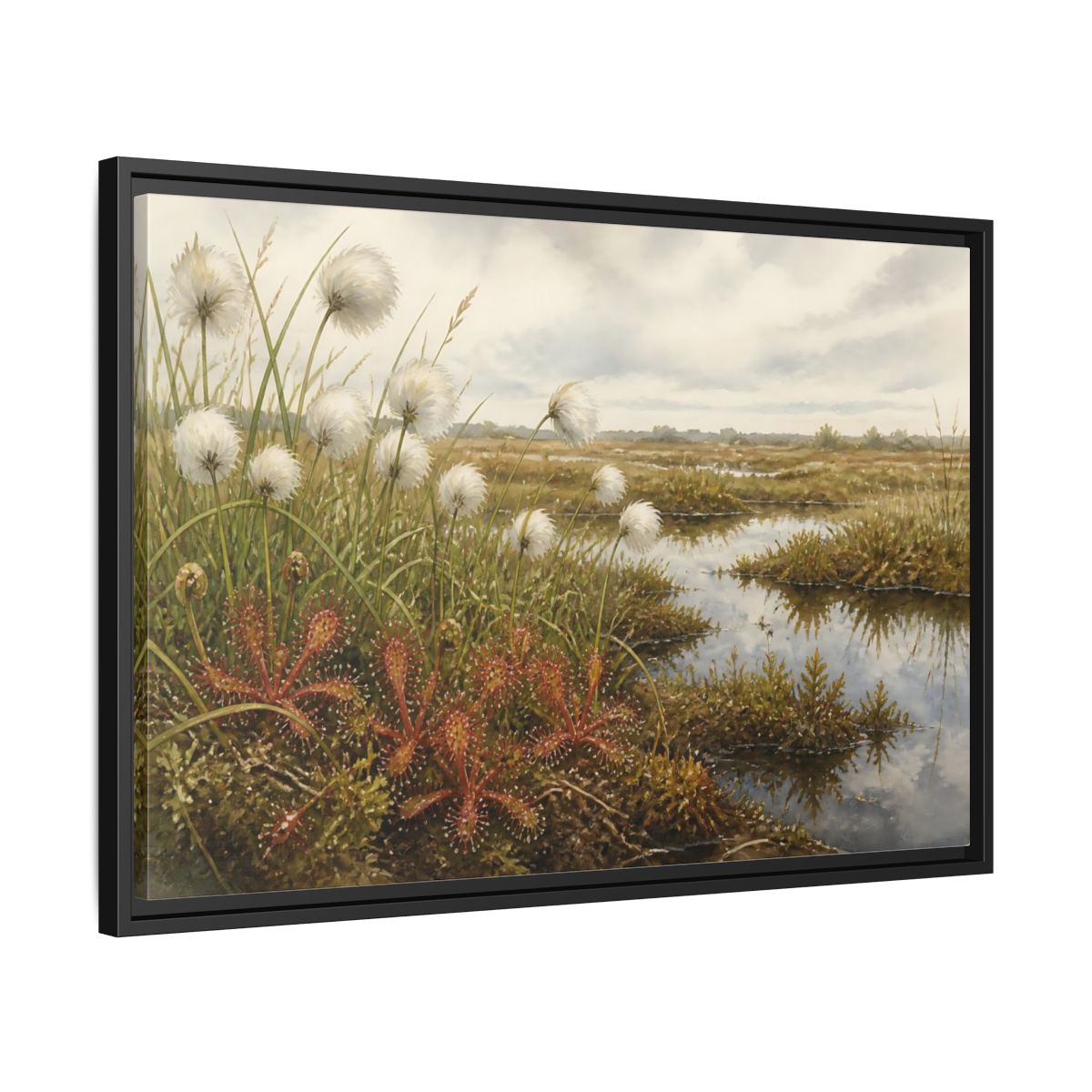 Side Mockup 14. Bog Cotton And Sundew shown as framed canvas print