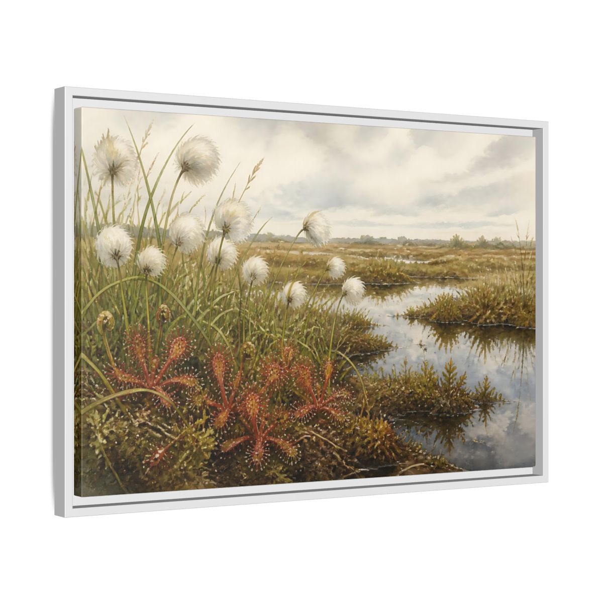 Side Mockup 10. Bog Cotton And Sundew shown as framed canvas print
