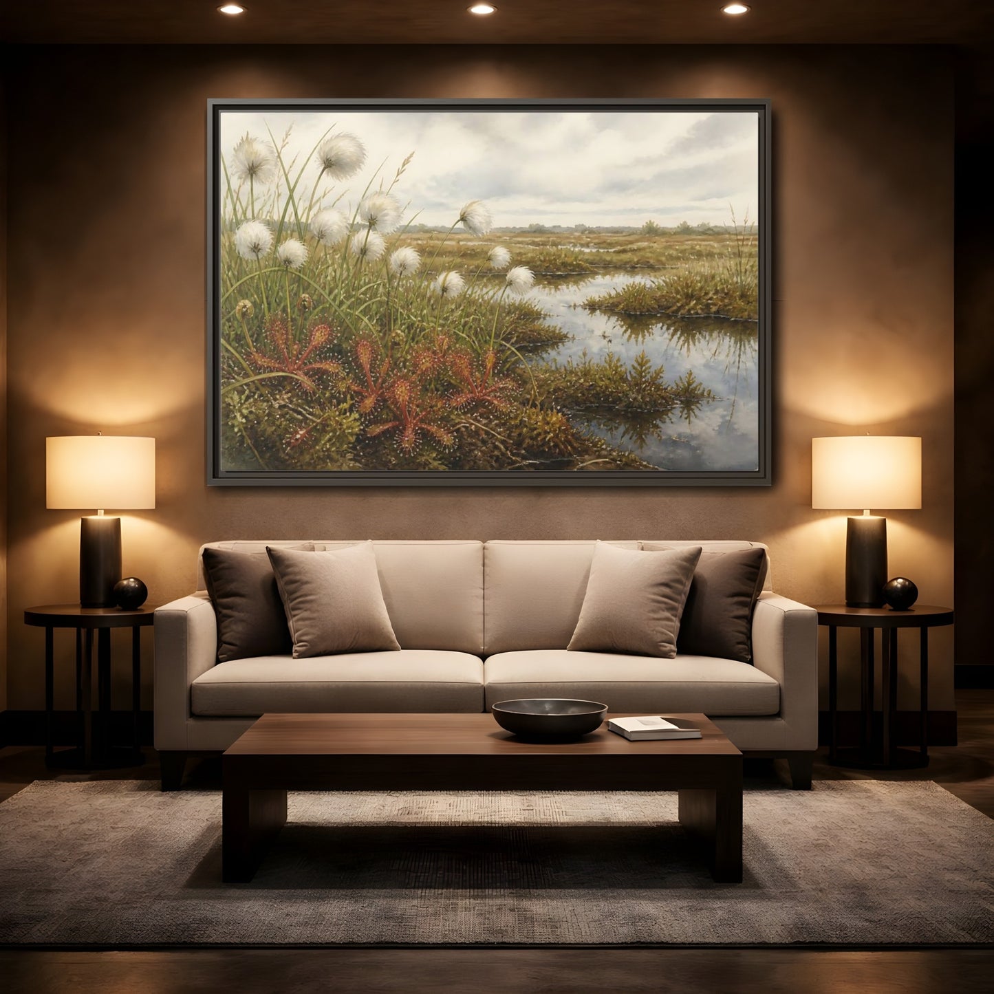 Mockup 2. Bog Cotton And Sundew shown as framed canvas print