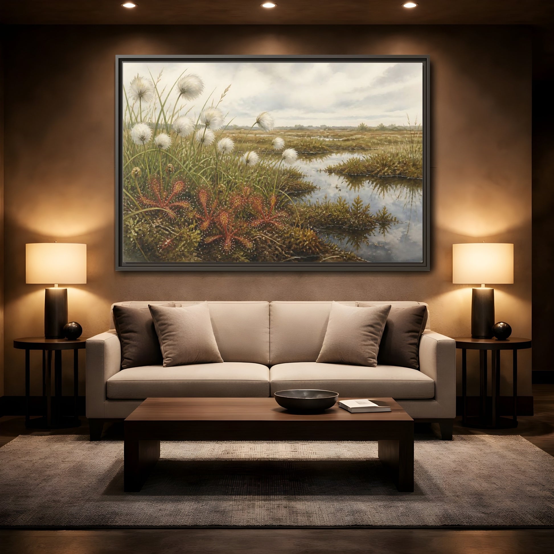 Mockup 2. Bog Cotton And Sundew shown as framed canvas print
