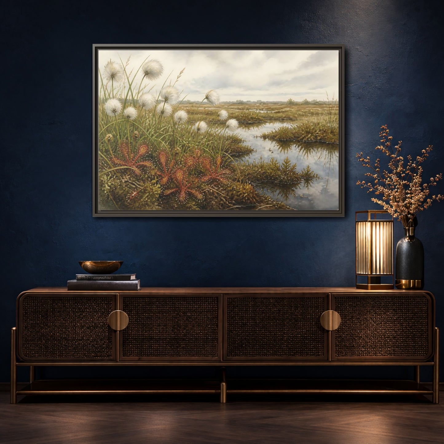 Mockup 4. Bog Cotton And Sundew shown as framed canvas print