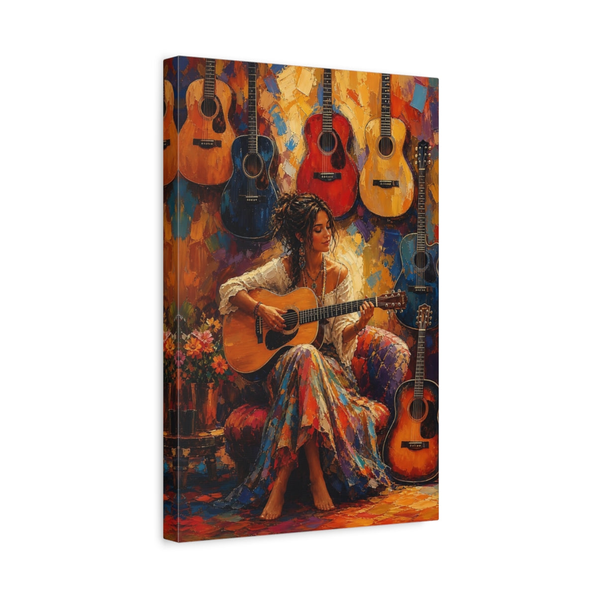 Side Mockup 4. Bohemian Guitarist Serenade shown as canvas print