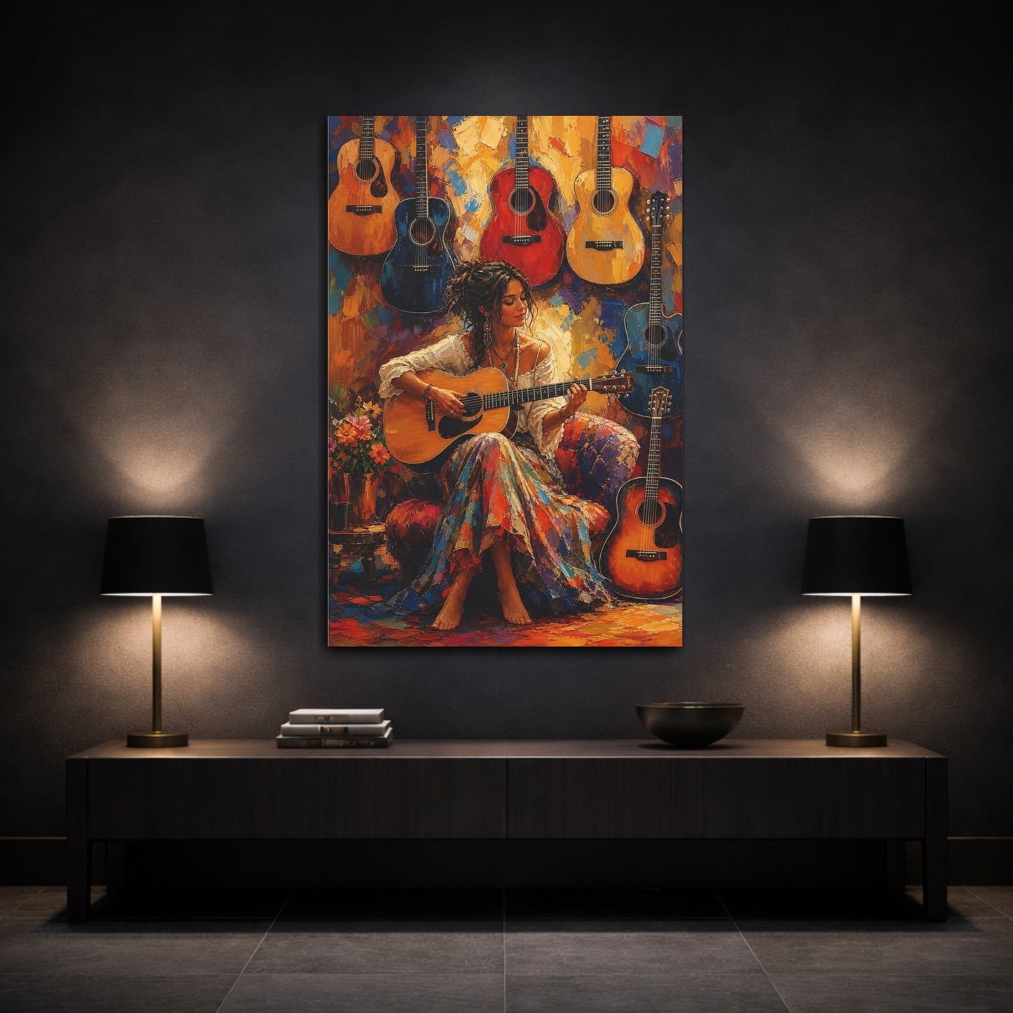Mockup 3. Bohemian Guitarist Serenade shown as canvas print