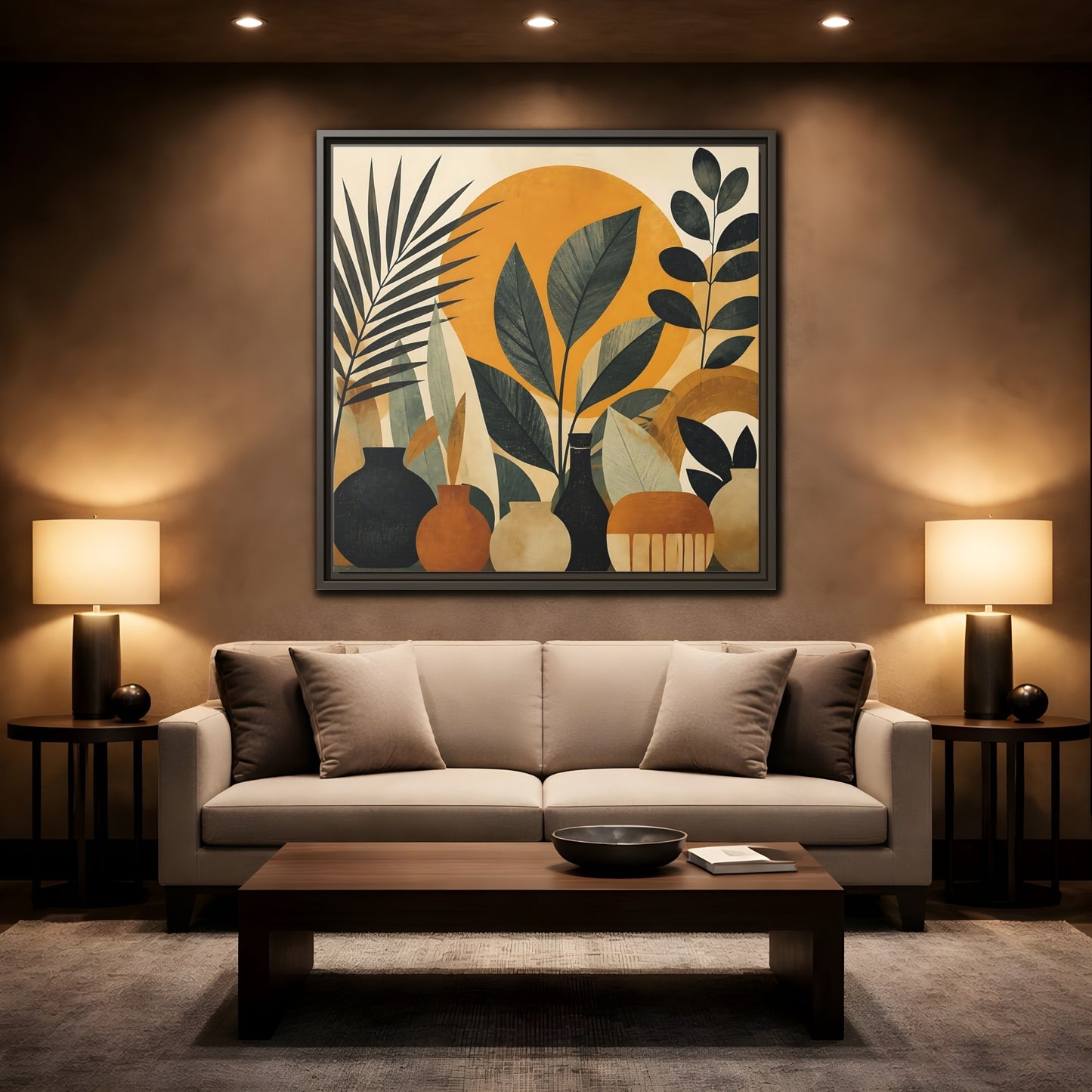 Mockup 2. Boho Botanical Leaves shown as framed canvas print
