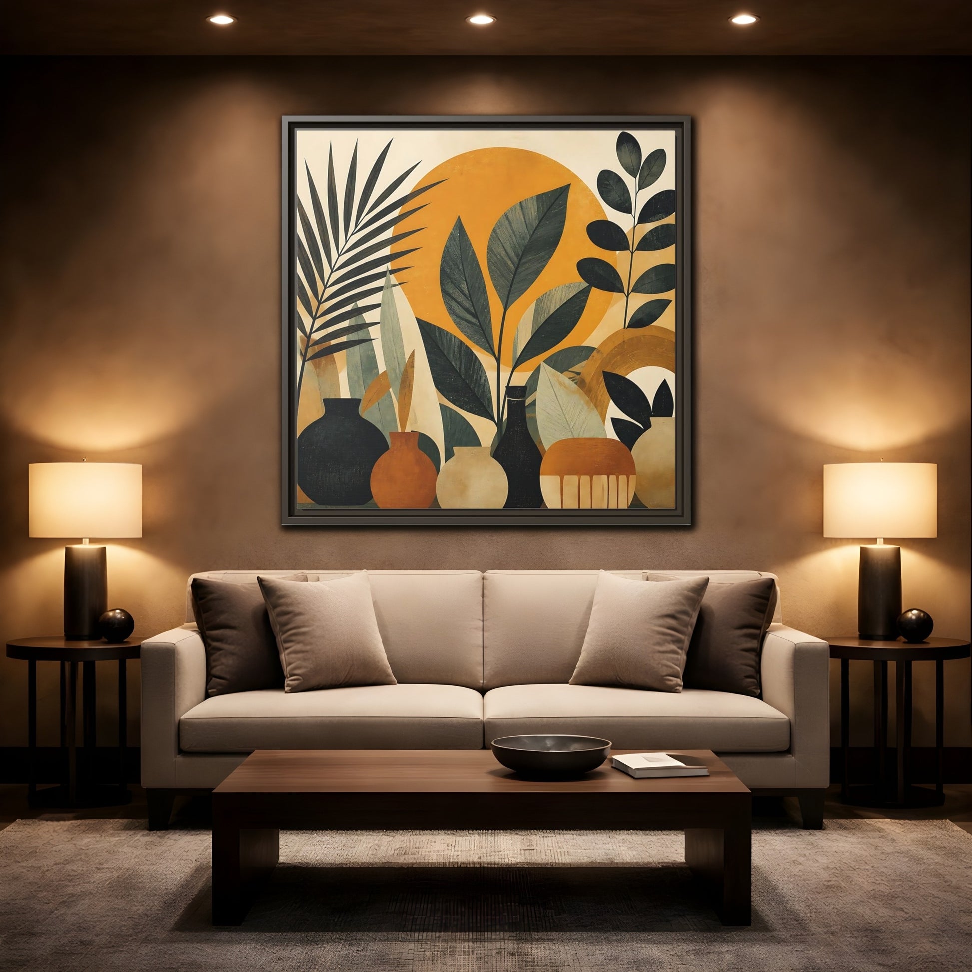 Mockup 2. Boho Botanical Leaves shown as framed canvas print