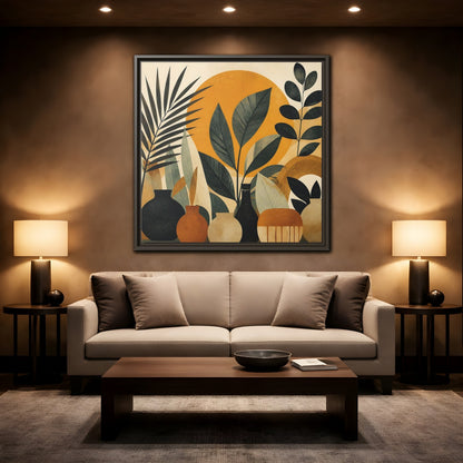 Mockup 2. Boho Botanical Leaves shown as framed canvas print
