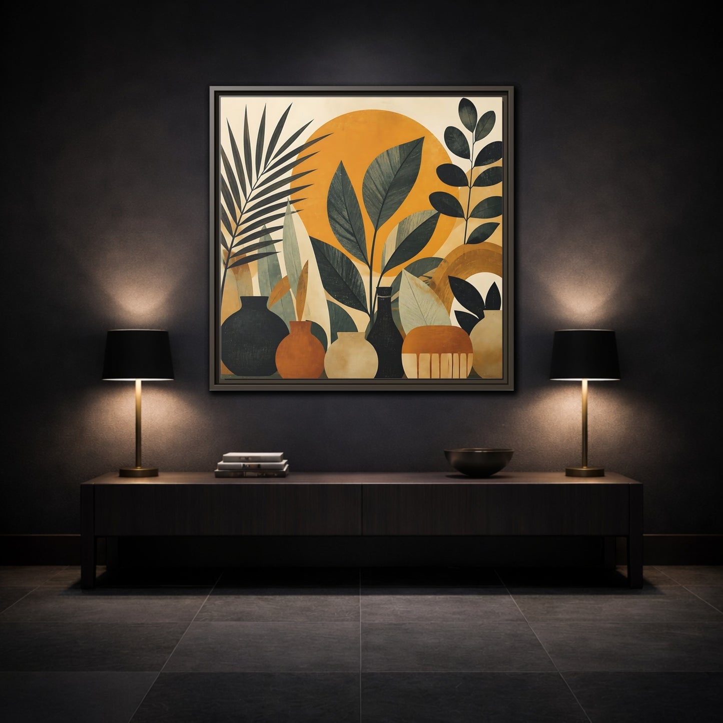 Mockup 3. Boho Botanical Leaves shown as framed canvas print
