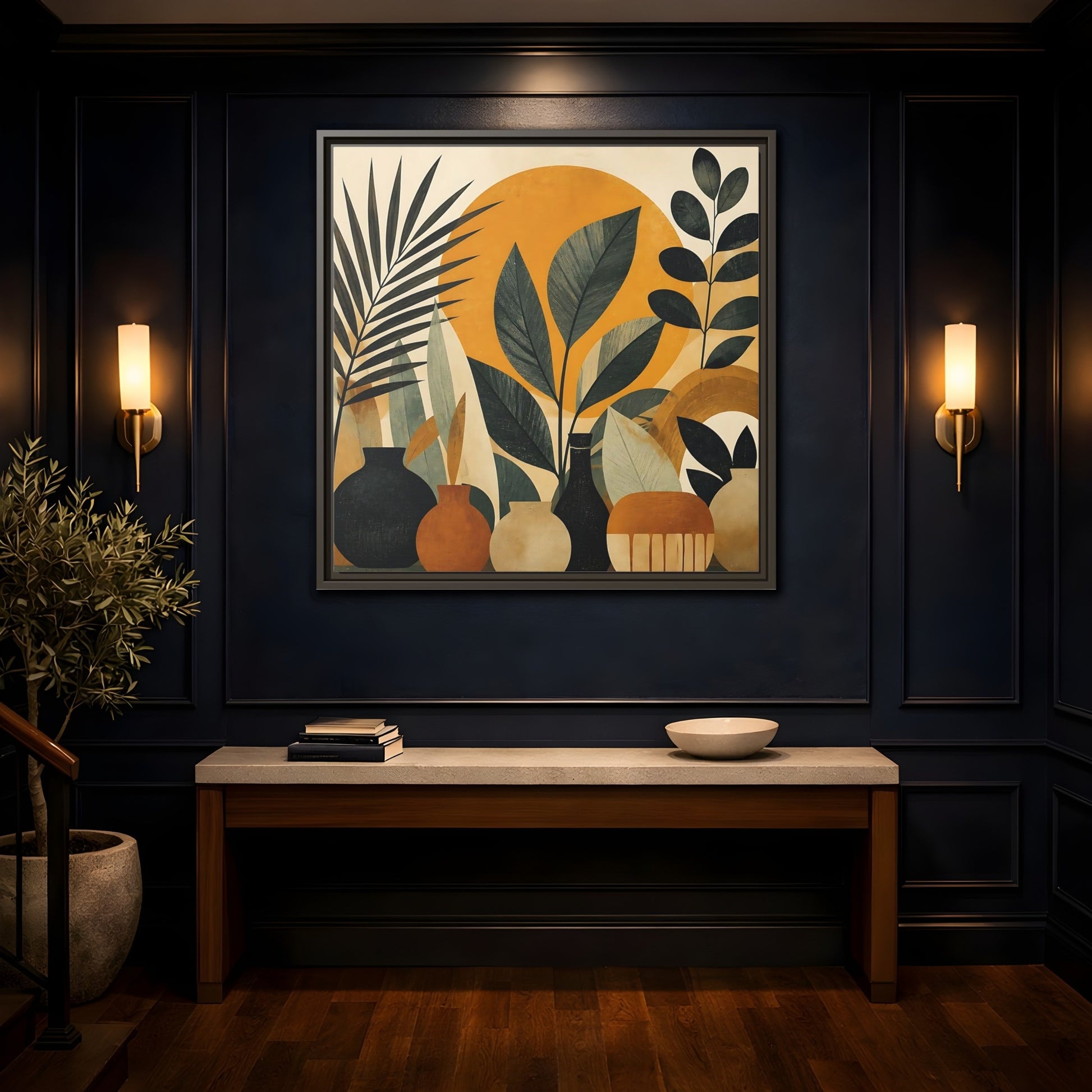 Mockup 4. Boho Botanical Leaves shown as framed canvas print