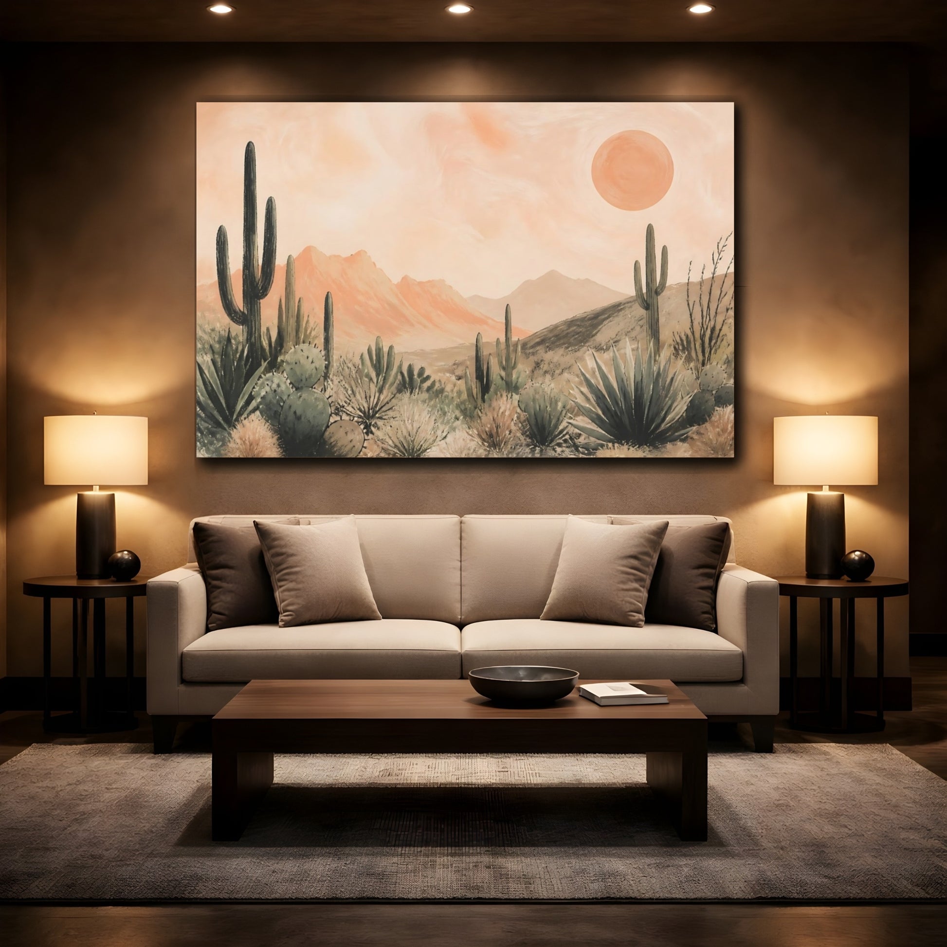 Mockup 2. Boho Cactus Sunset shown as canvas print