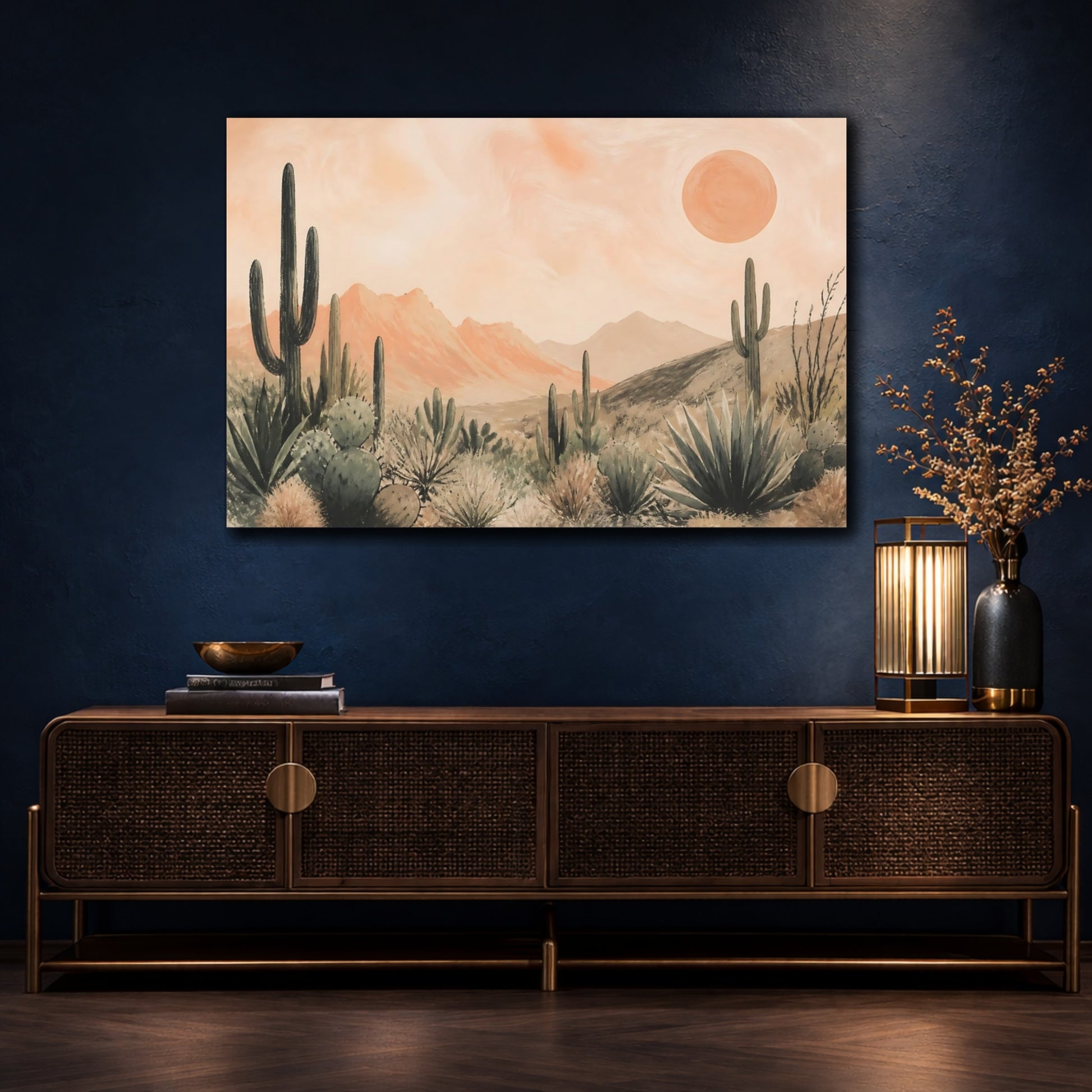Mockup 4. Boho Cactus Sunset shown as canvas print