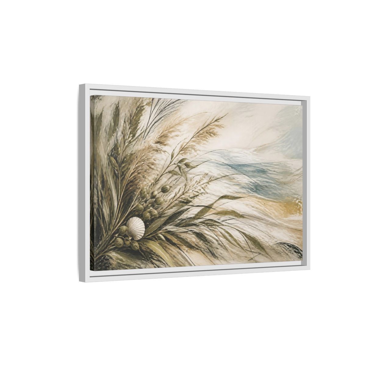 Side Mockup 1. Boho Coastal Grasses shown as framed canvas print