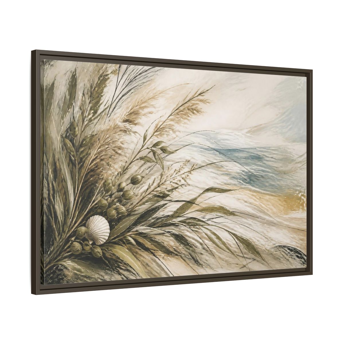 Main Mockup. Boho Coastal Grasses shown as framed canvas print