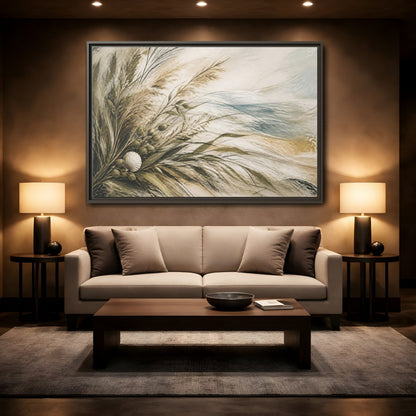 Mockup 2. Boho Coastal Grasses shown as framed canvas print