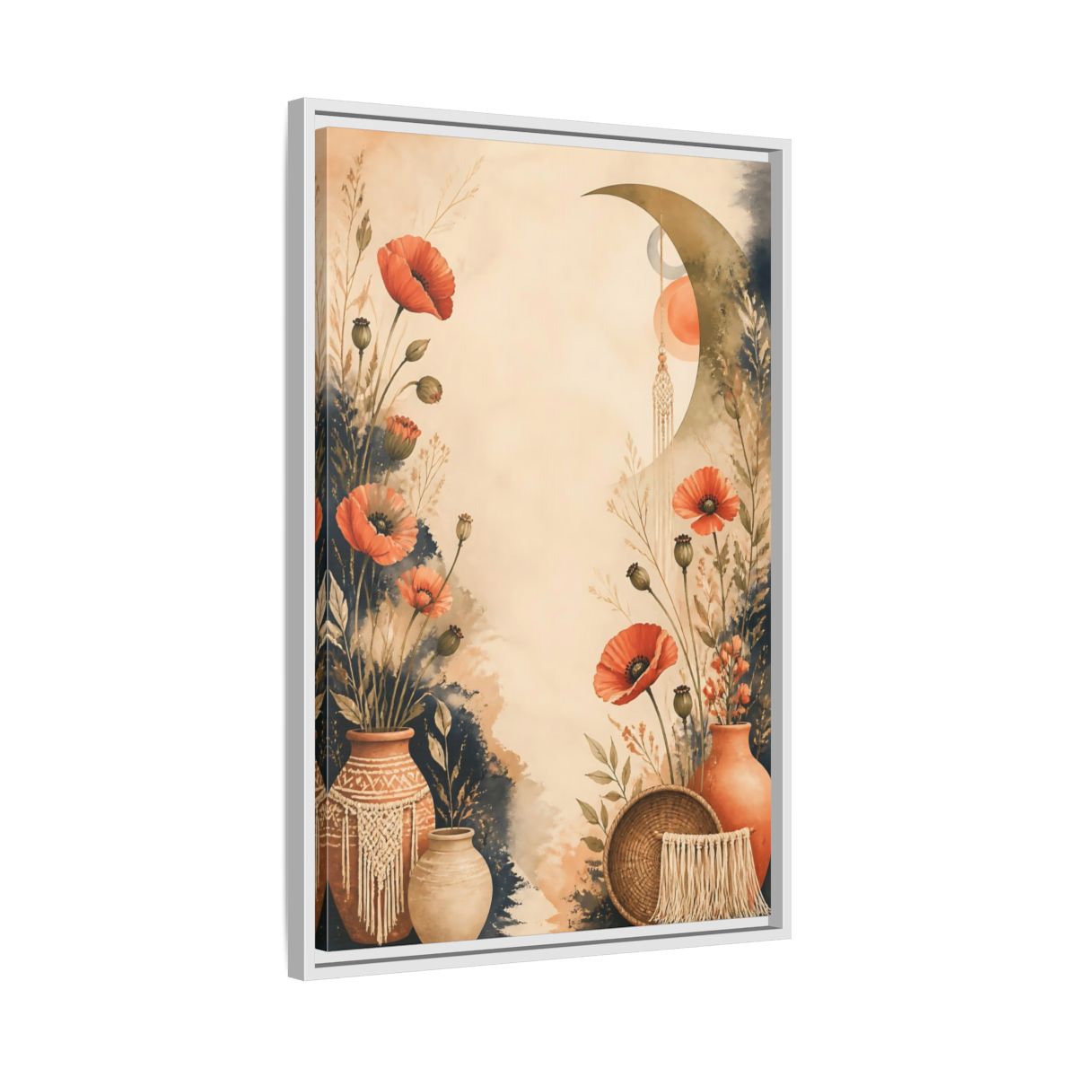 Side Mockup 10. Boho Coral Poppies shown as framed canvas print