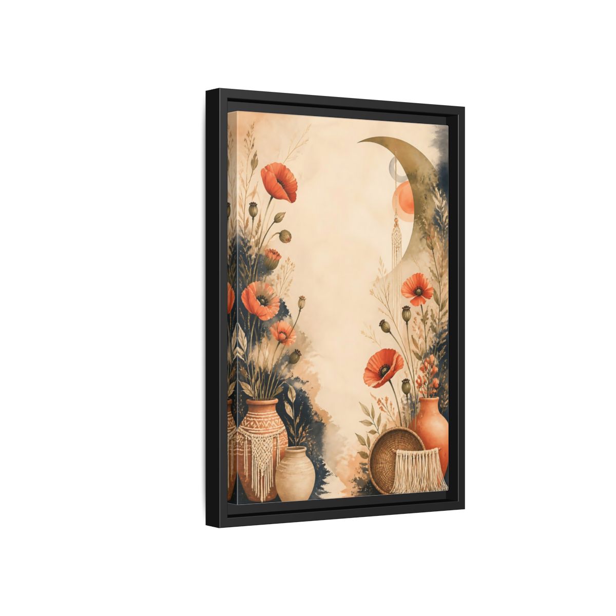 Side Mockup 6. Boho Coral Poppies shown as framed canvas print