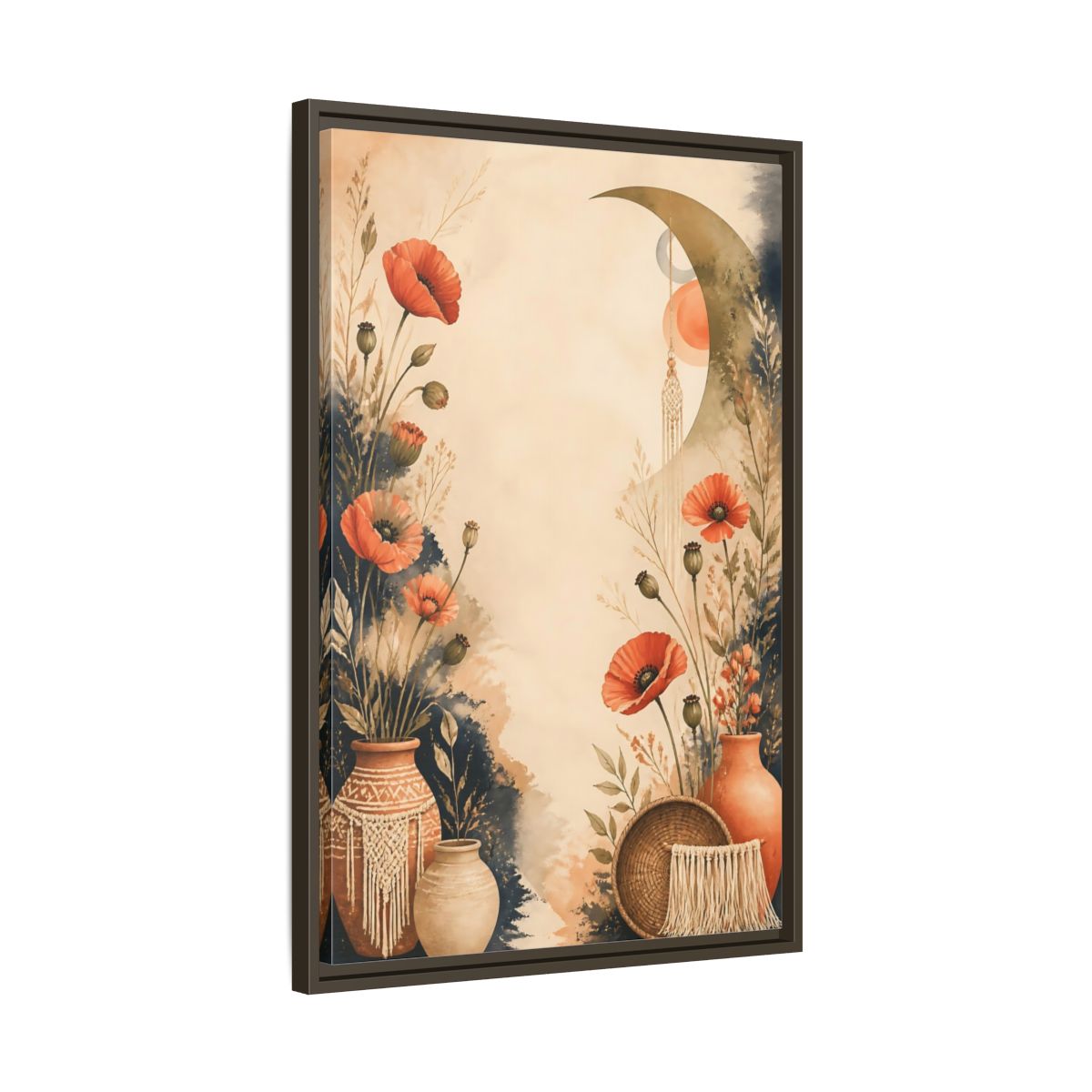 Side Mockup 11. Boho Coral Poppies shown as framed canvas print