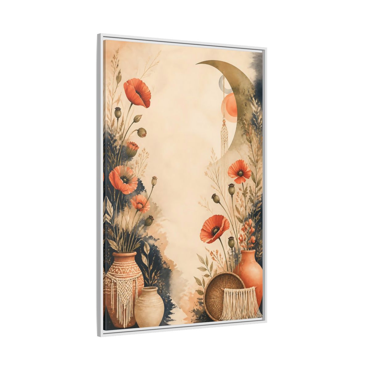 Side Mockup 7. Boho Coral Poppies shown as framed canvas print
