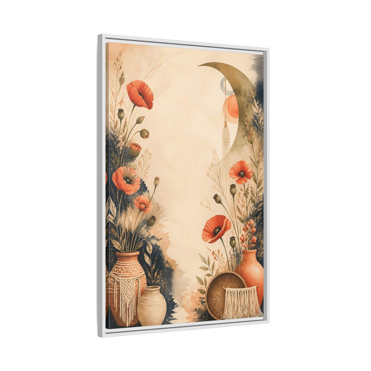 Side Mockup 9. Boho Coral Poppies shown as framed canvas print