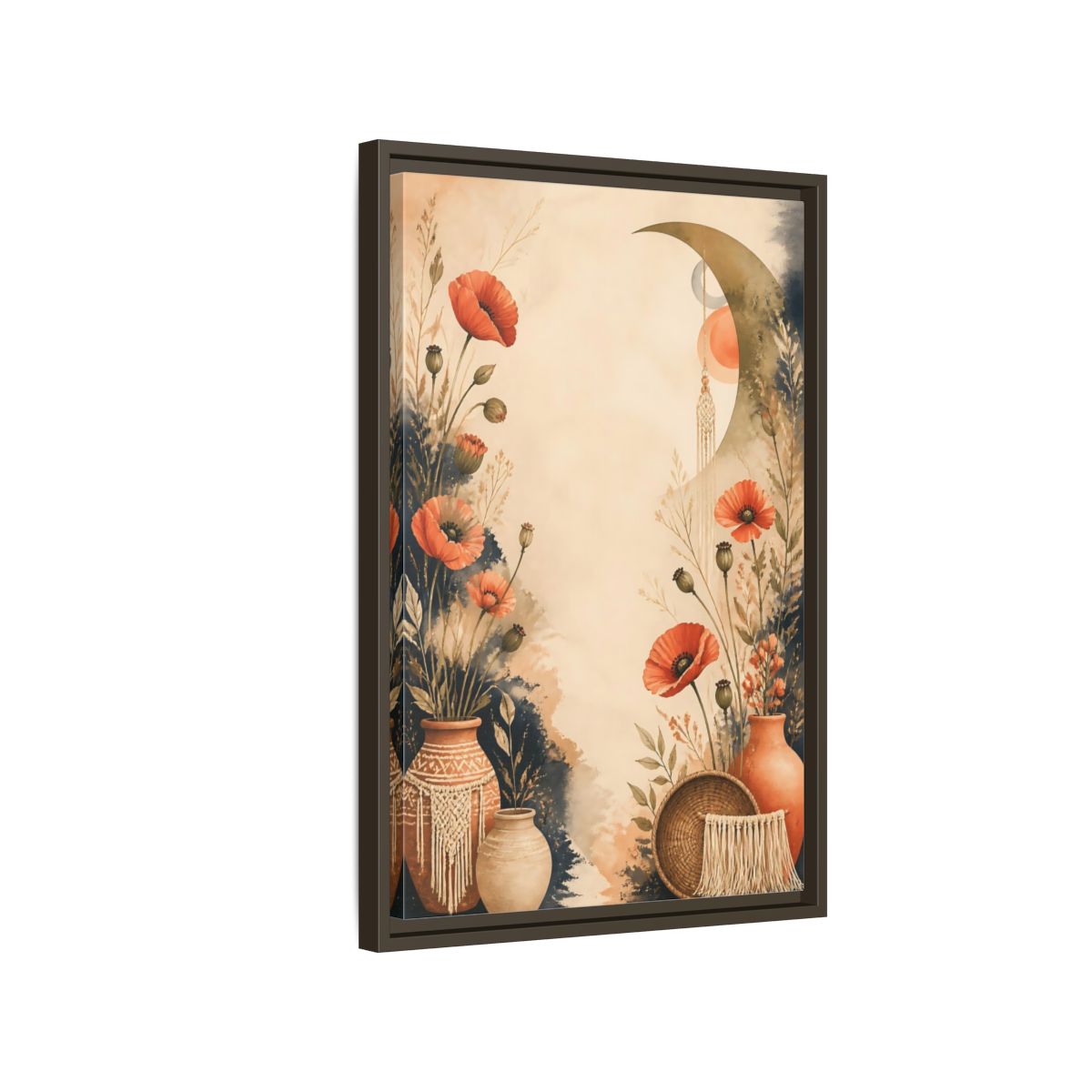 Side Mockup 2. Boho Coral Poppies shown as framed canvas print