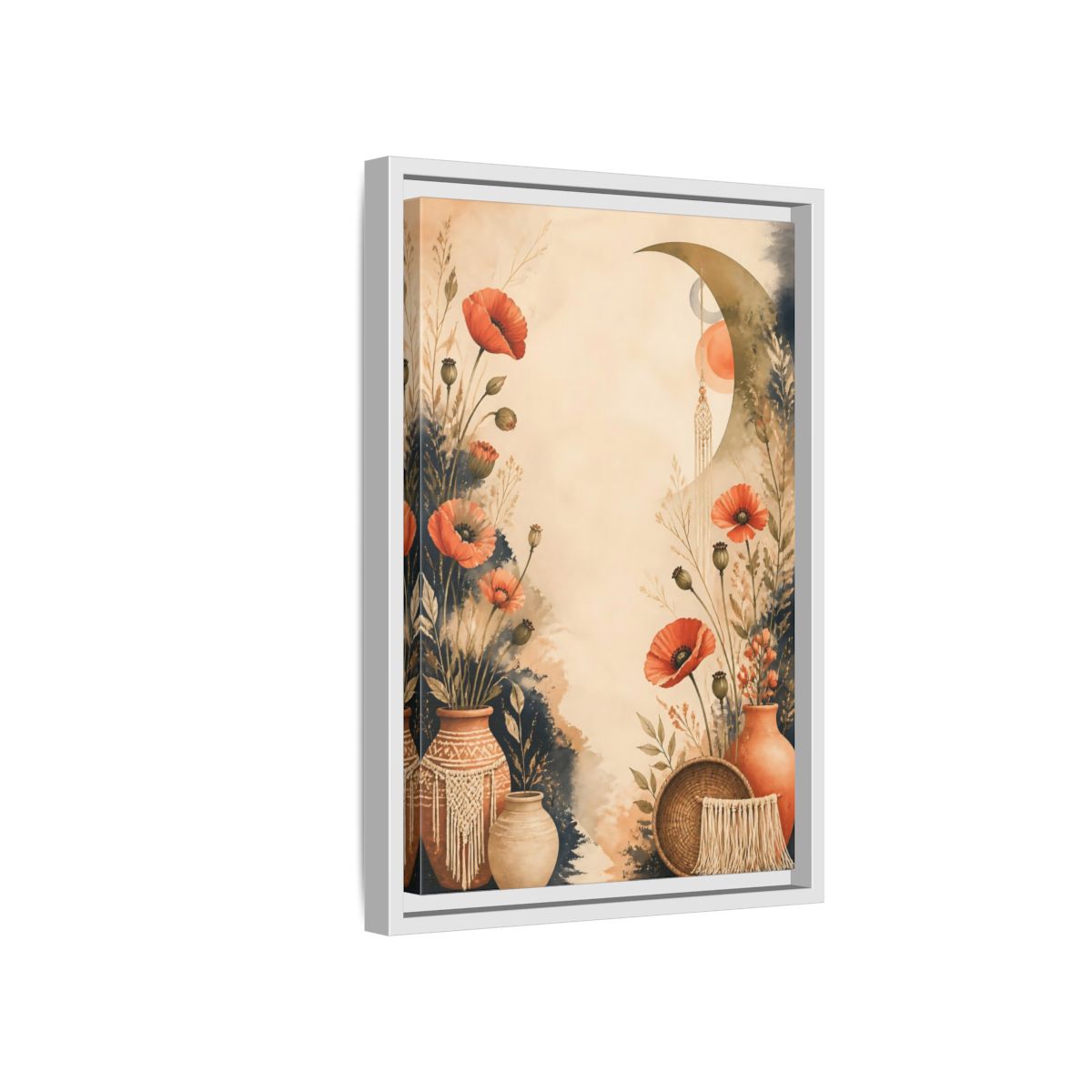 Side Mockup 4. Boho Coral Poppies shown as framed canvas print