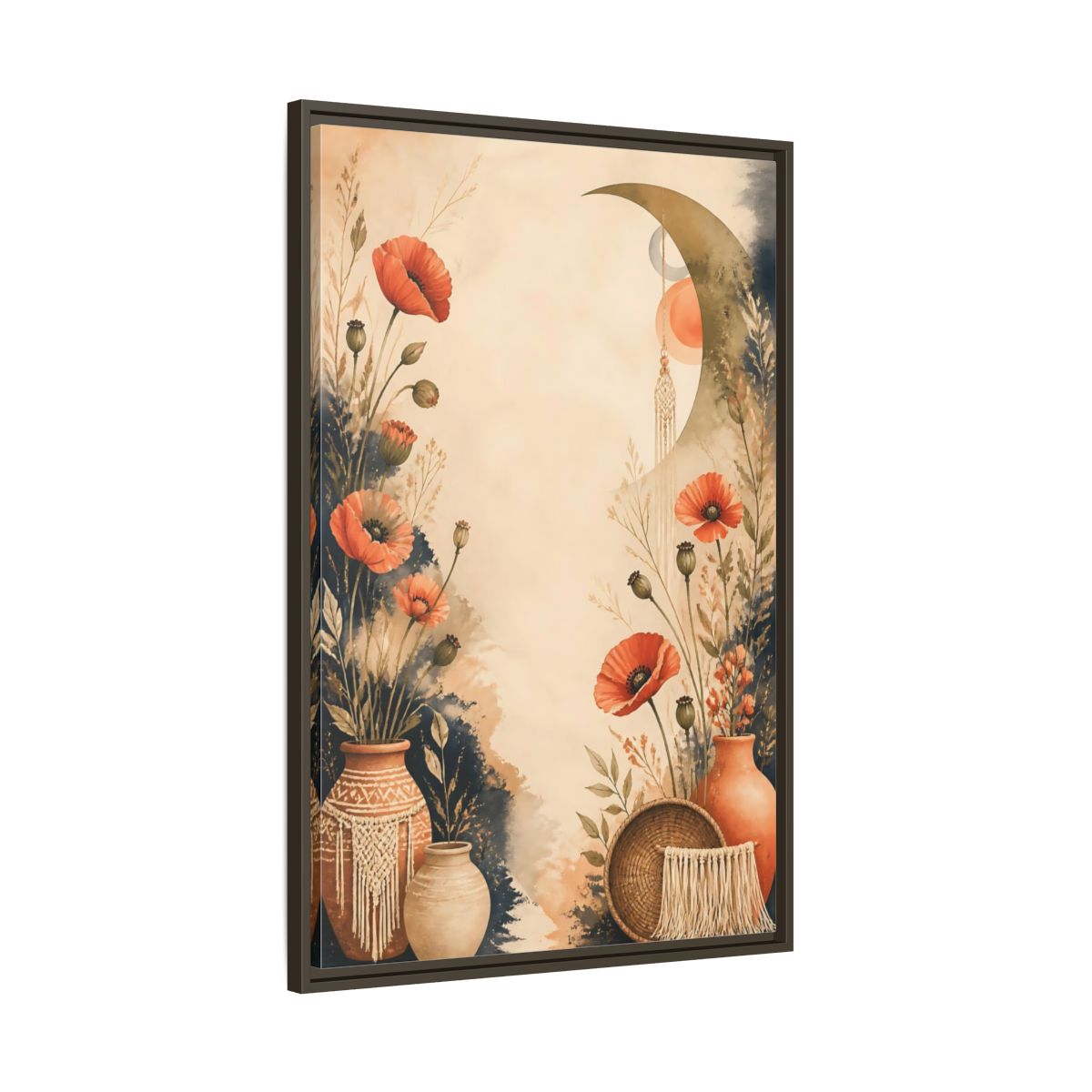 Main Mockup. Boho Coral Poppies shown as framed canvas print