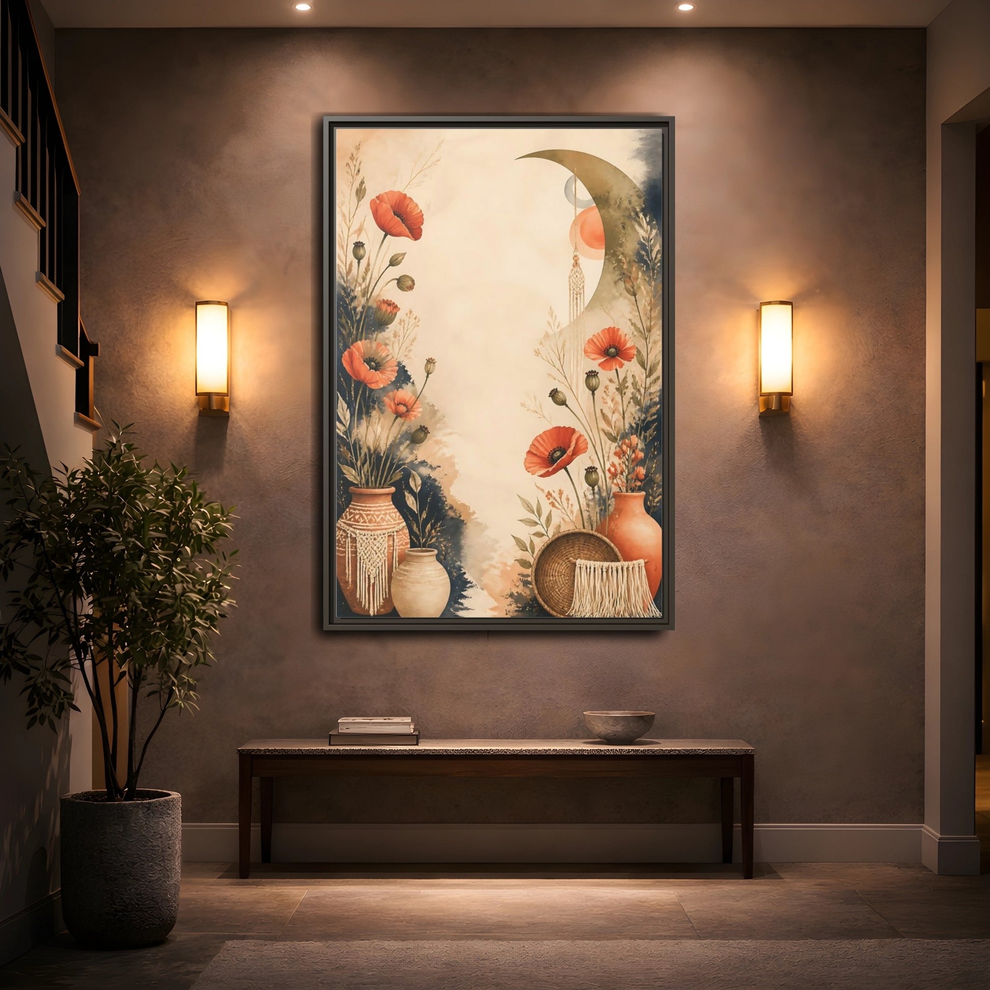 Mockup 2. Boho Coral Poppies shown as framed canvas print