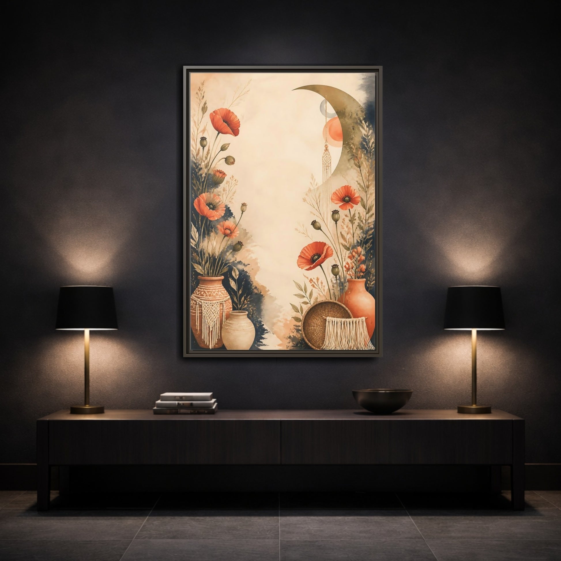 Mockup 3. Boho Coral Poppies shown as framed canvas print