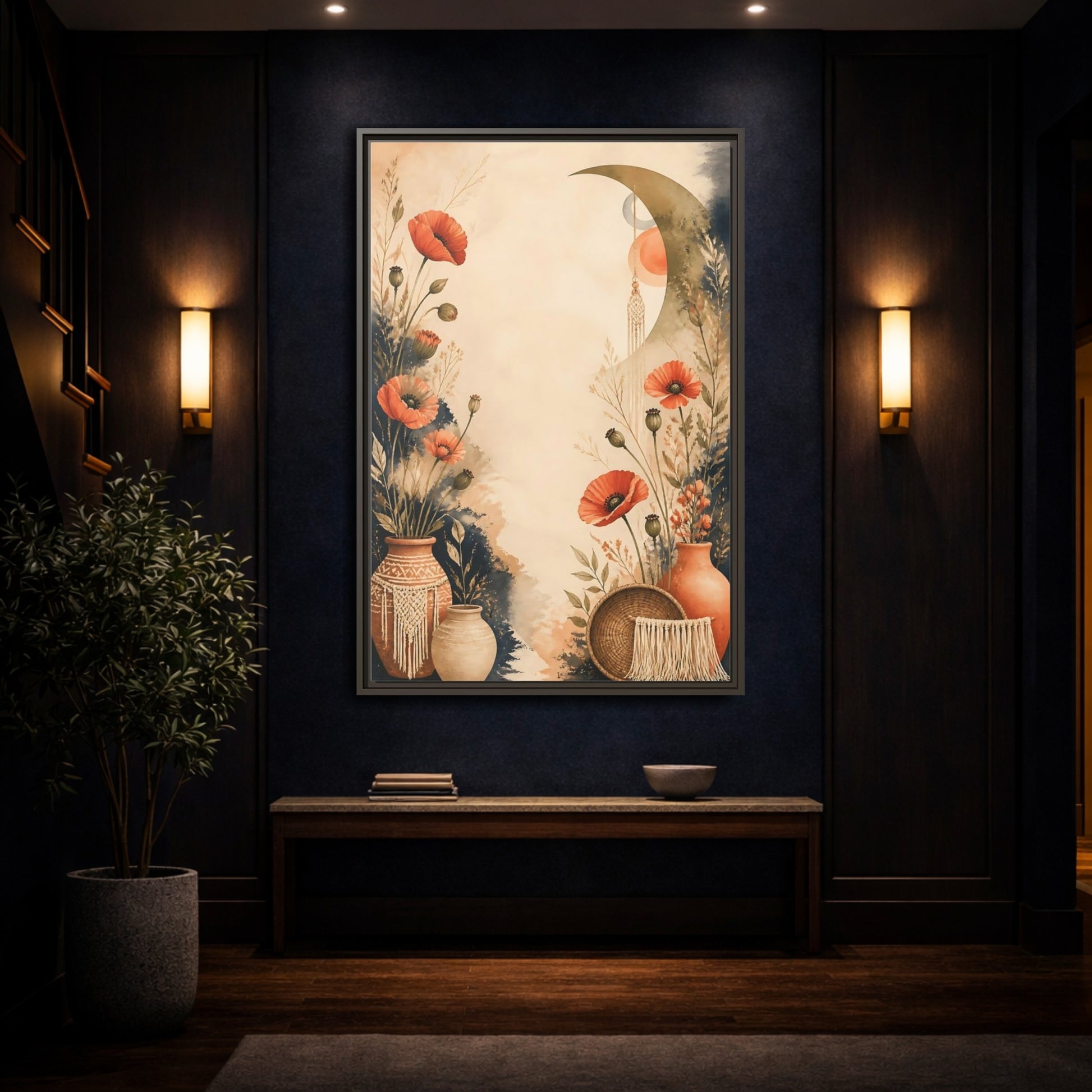Mockup 4. Boho Coral Poppies shown as framed canvas print