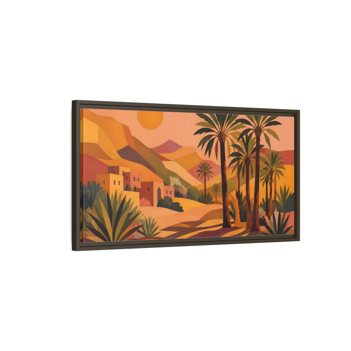 Main Mockup. Boho Desert Palm Sunset shown as framed canvas print