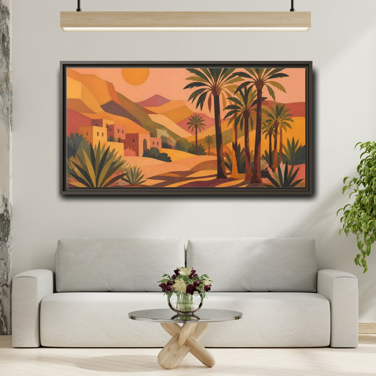 Mockup 2. Boho Desert Palm Sunset shown as framed canvas print