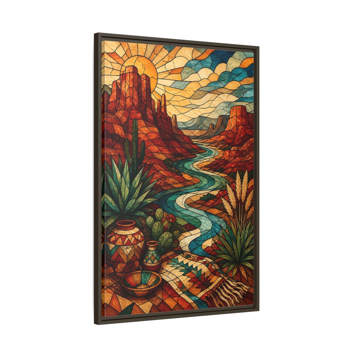 Main Mockup. Boho Desert River shown as framed canvas print