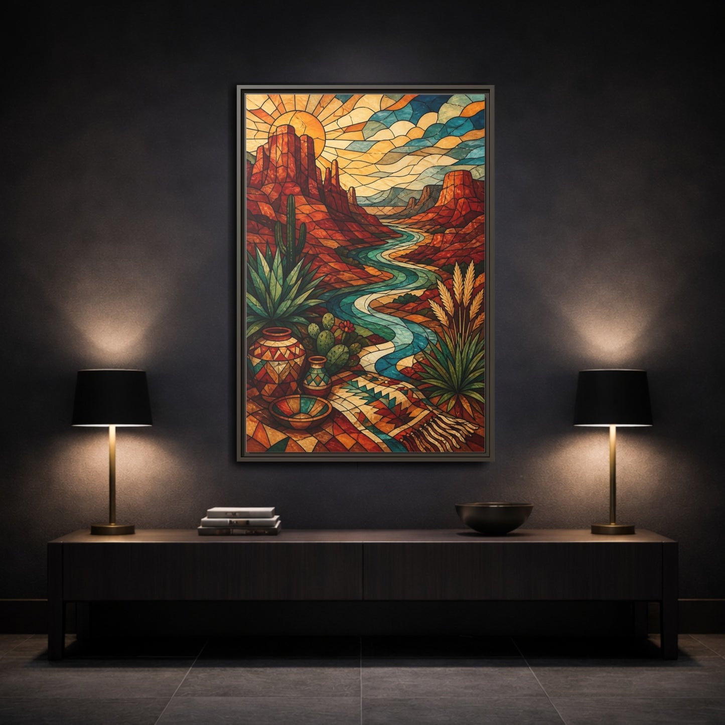 Mockup 3. Boho Desert River shown as framed canvas print