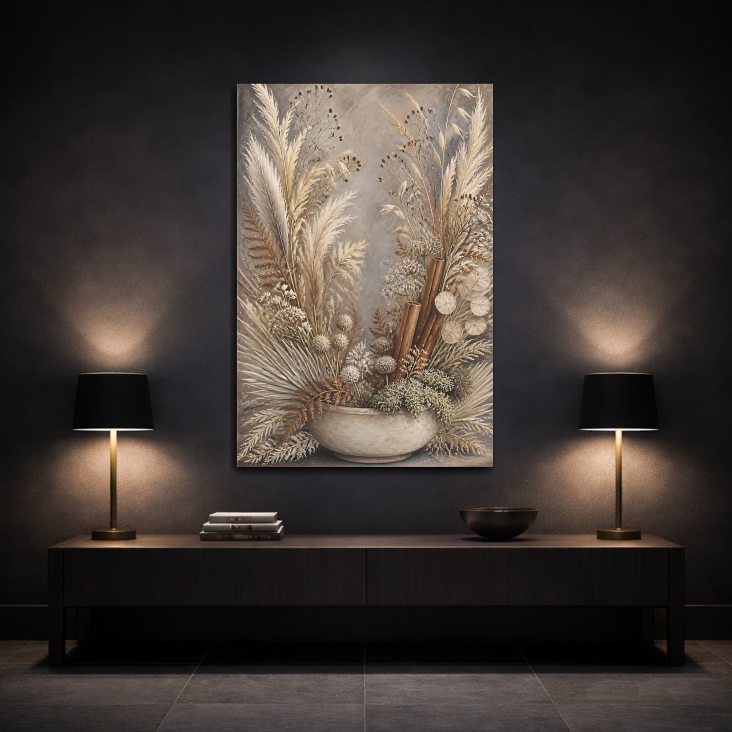 Mockup 3. Boho Dried Stems Bowl shown as canvas print