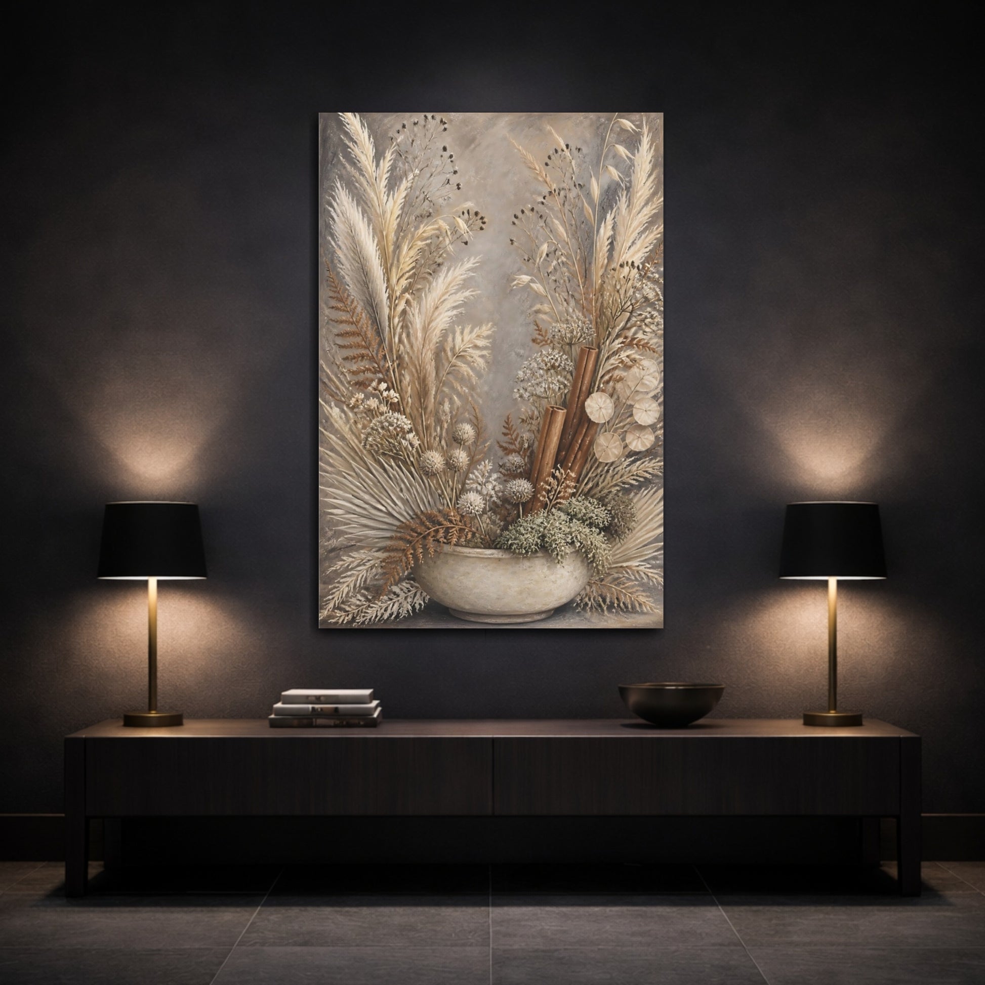 Mockup 3. Boho Dried Stems Bowl shown as canvas print