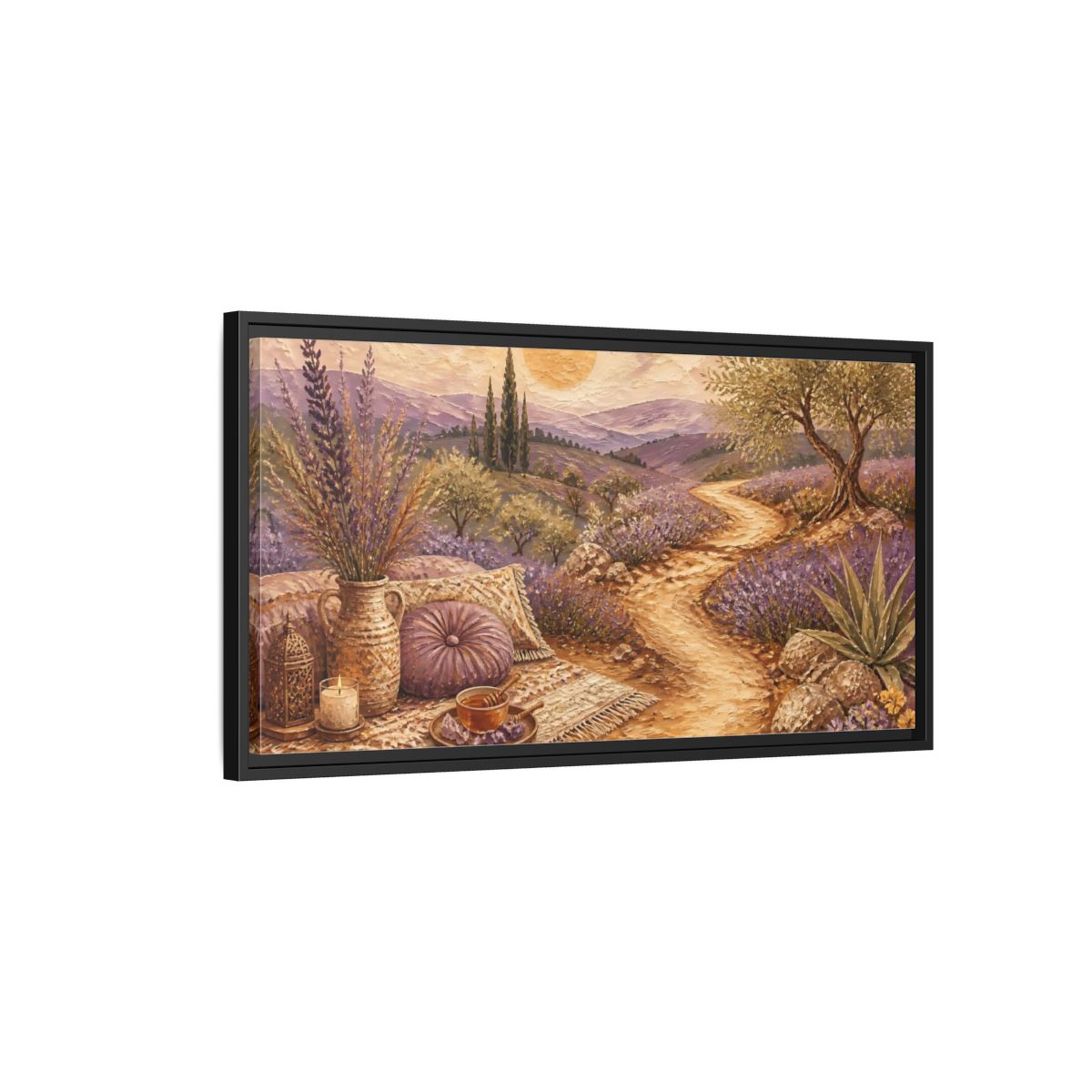 Side Mockup 2. Boho Lavender Path shown as framed canvas print