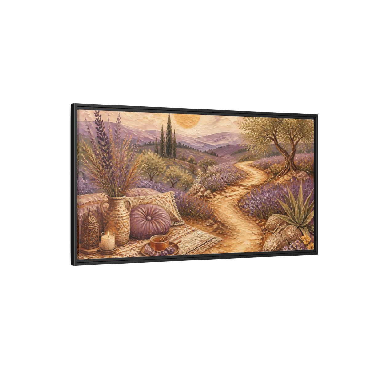 Side Mockup 5. Boho Lavender Path shown as framed canvas print