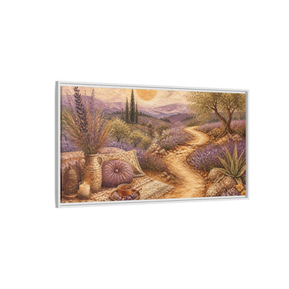 Side Mockup 3. Boho Lavender Path shown as framed canvas print