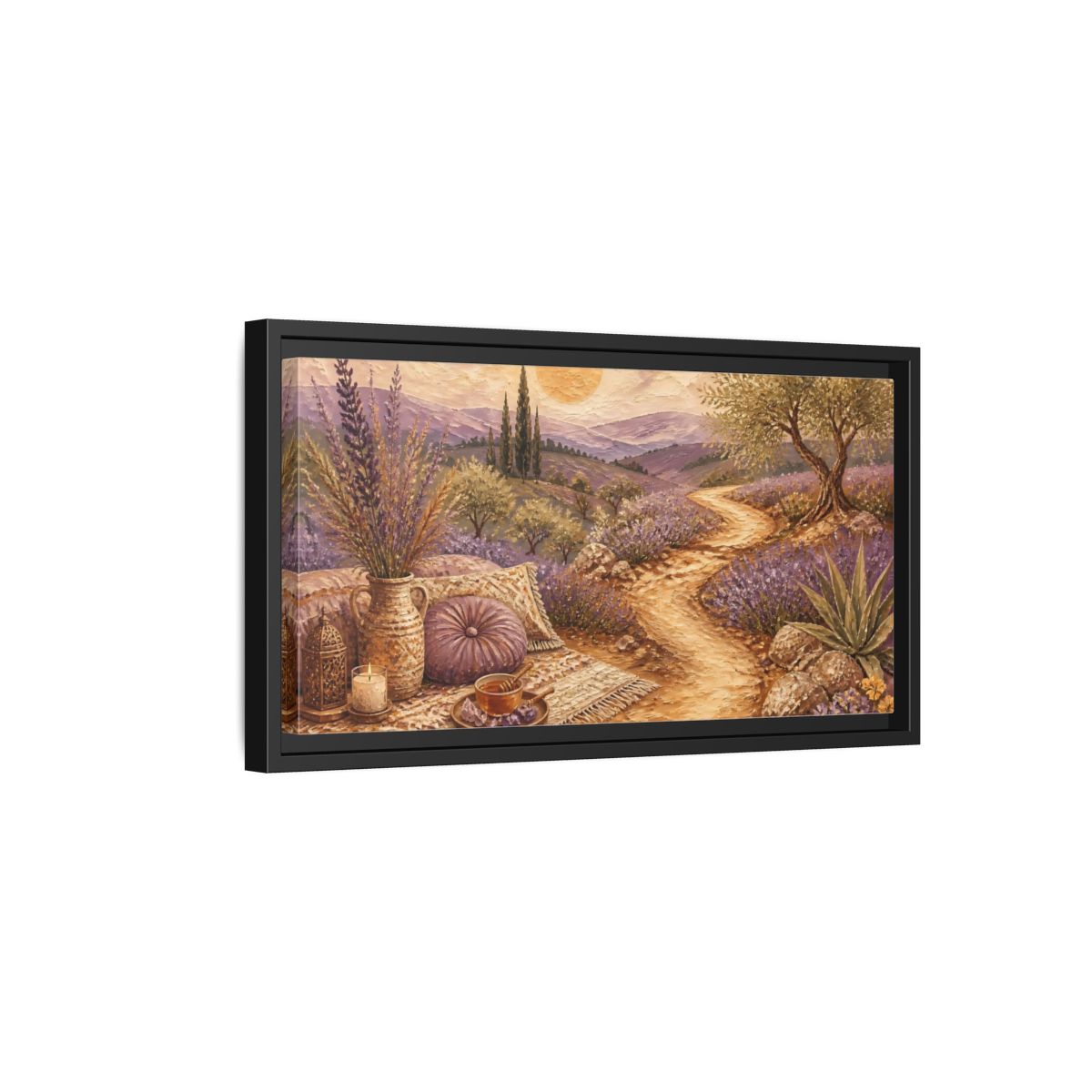 Side Mockup 8. Boho Lavender Path shown as framed canvas print