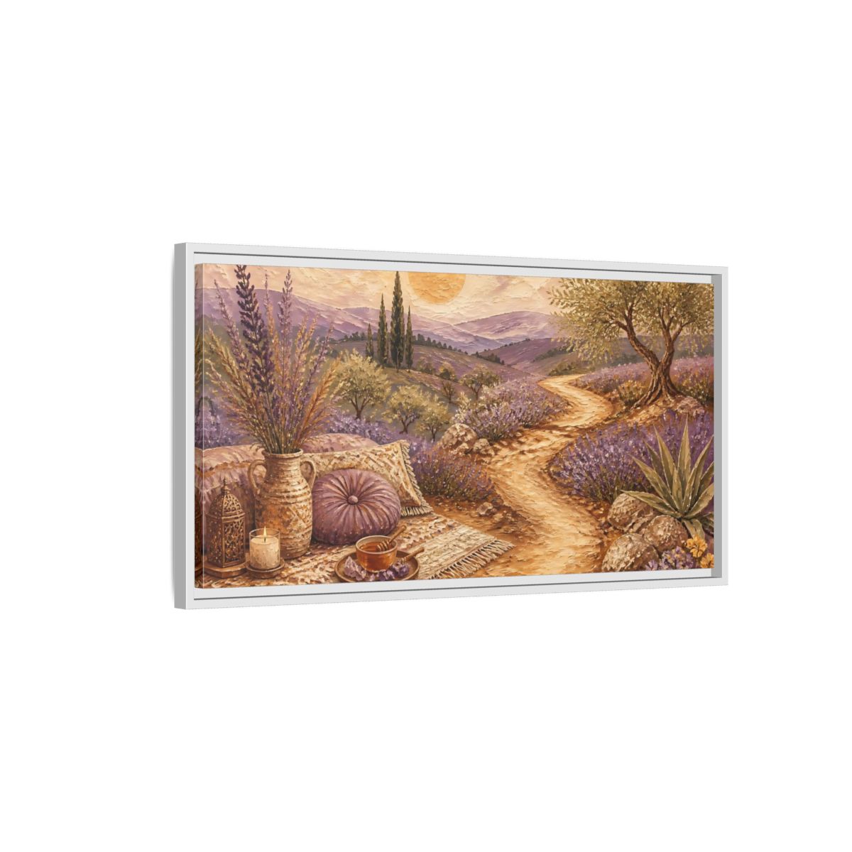 Side Mockup 1. Boho Lavender Path shown as framed canvas print
